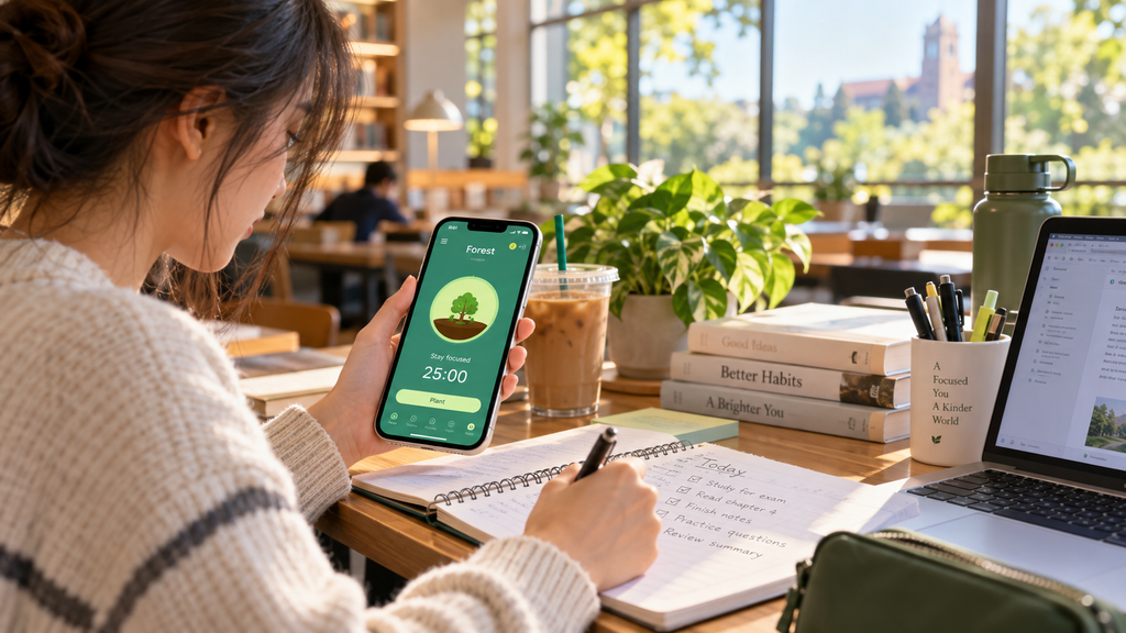 Student studying at a desk with the Forest app open on a smartphone, displaying a growing virtual tree and 25-minute focus timer.