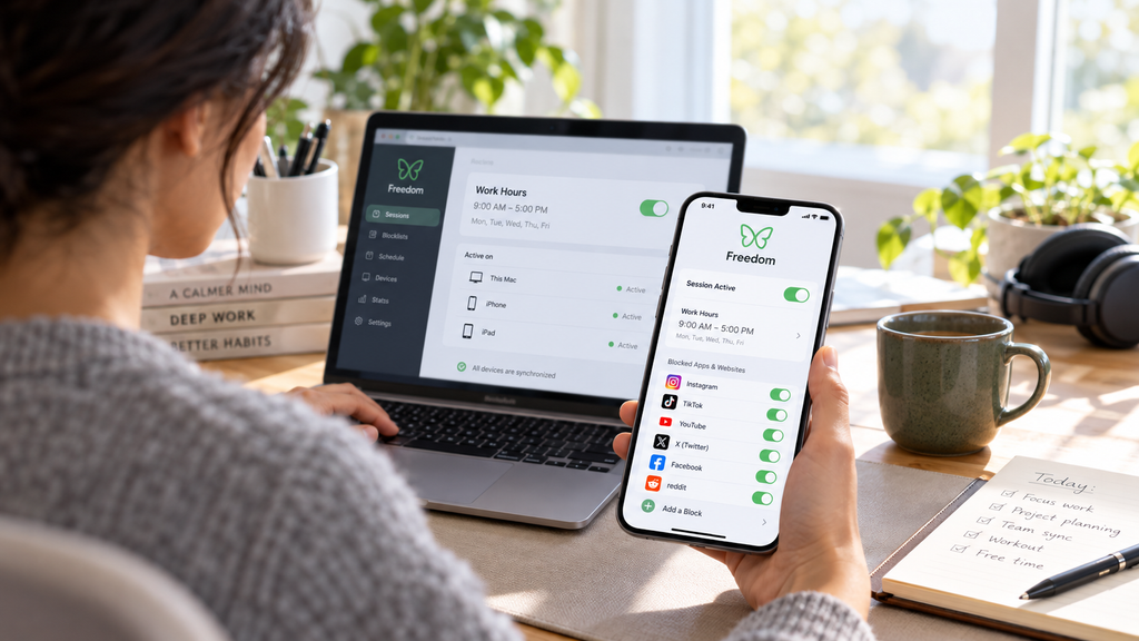 Person using the Freedom app on a smartphone and laptop to schedule focus sessions and block distracting websites and apps.