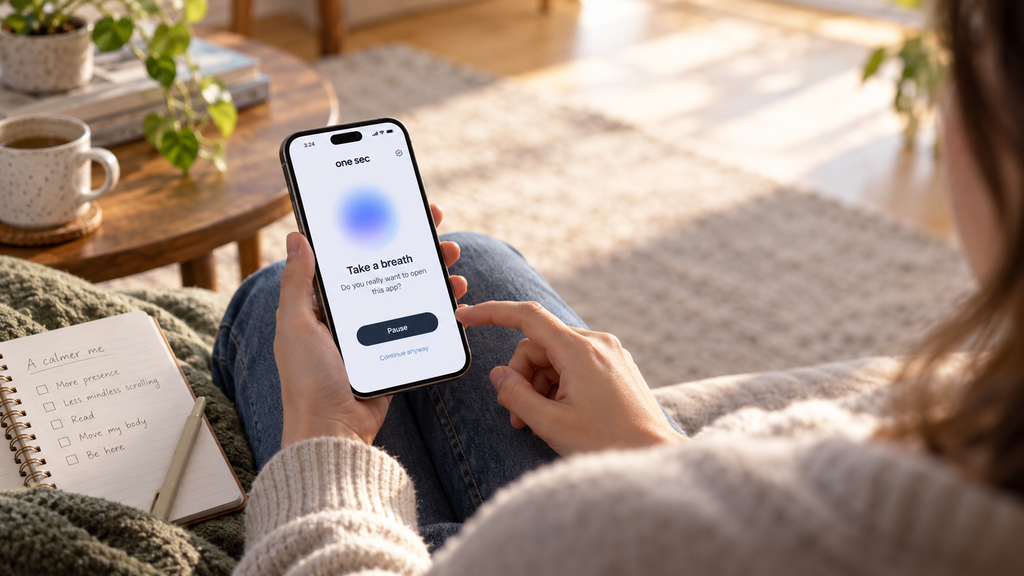 Person holding a smartphone displaying the one sec app's breathing pause and intention prompt before opening a distracting app.
