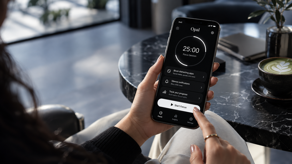 Close-up of a smartphone displaying the Opal app's dark interface, 25-minute focus timer, and distraction-blocking controls.