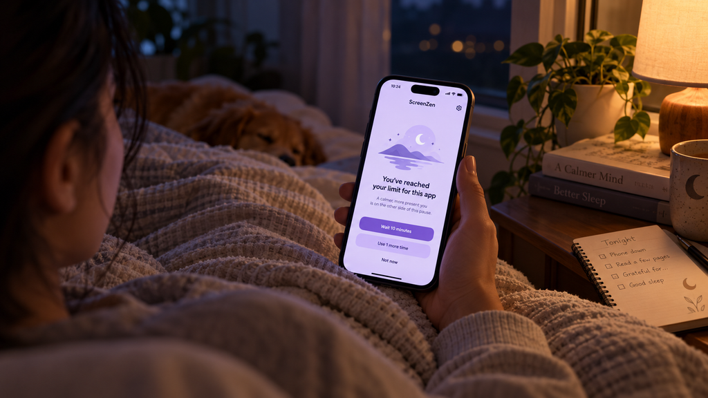 Person relaxing in bed while viewing a ScreenZen app limit notification with options to delay or reconsider opening a distracting app.